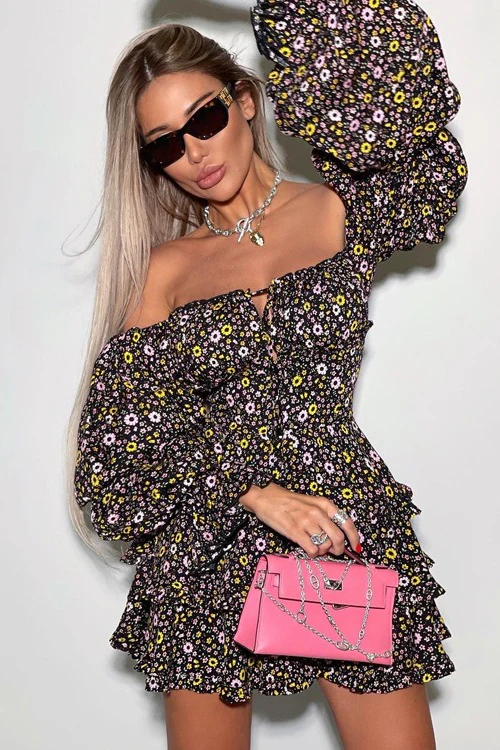 Strapless Off Shoulder Flared Floral Dress - Image 7