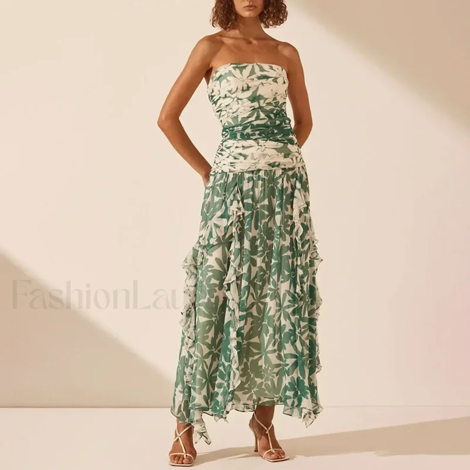 Strapless Pleated Chiffon Floral Dress - Image 2