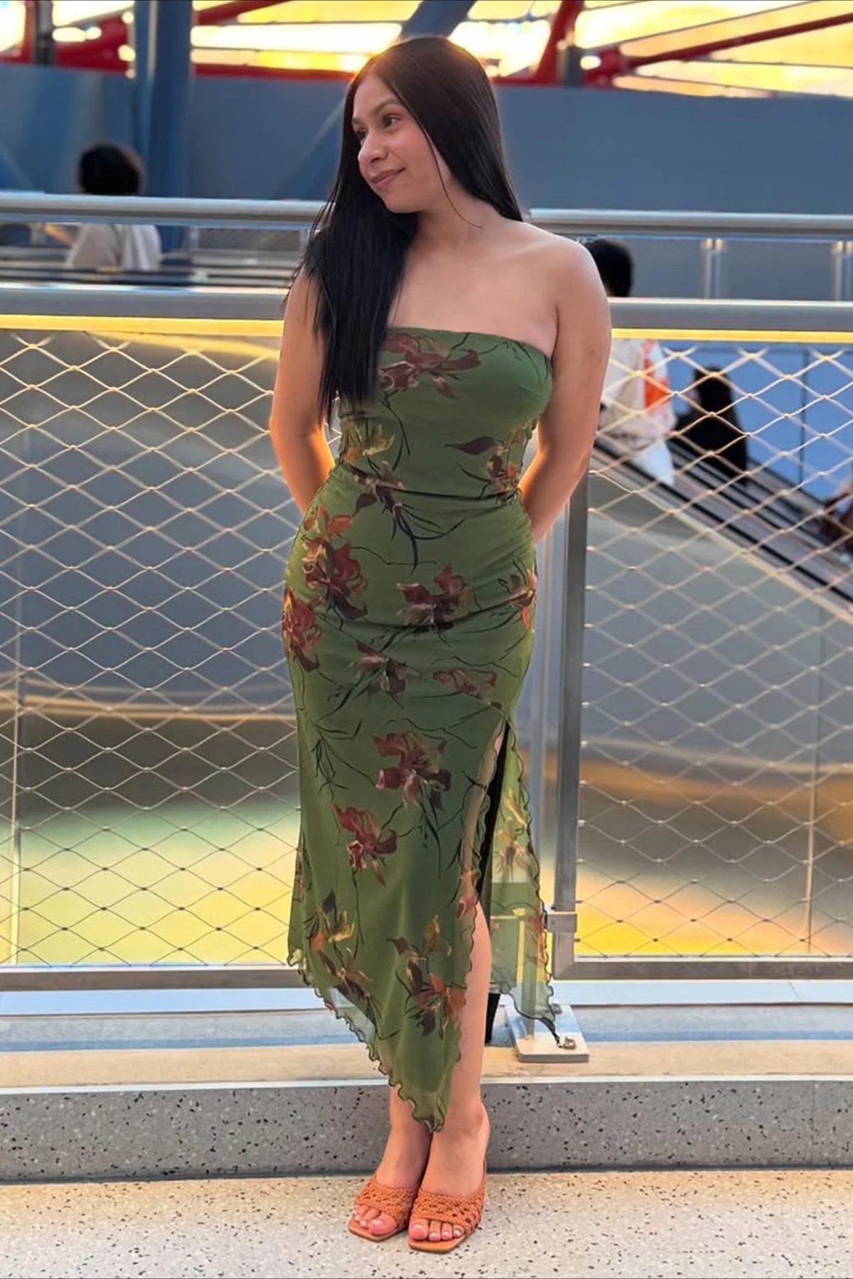 Strapless Printed Slit Double Layer Floral Dress - Image 3
