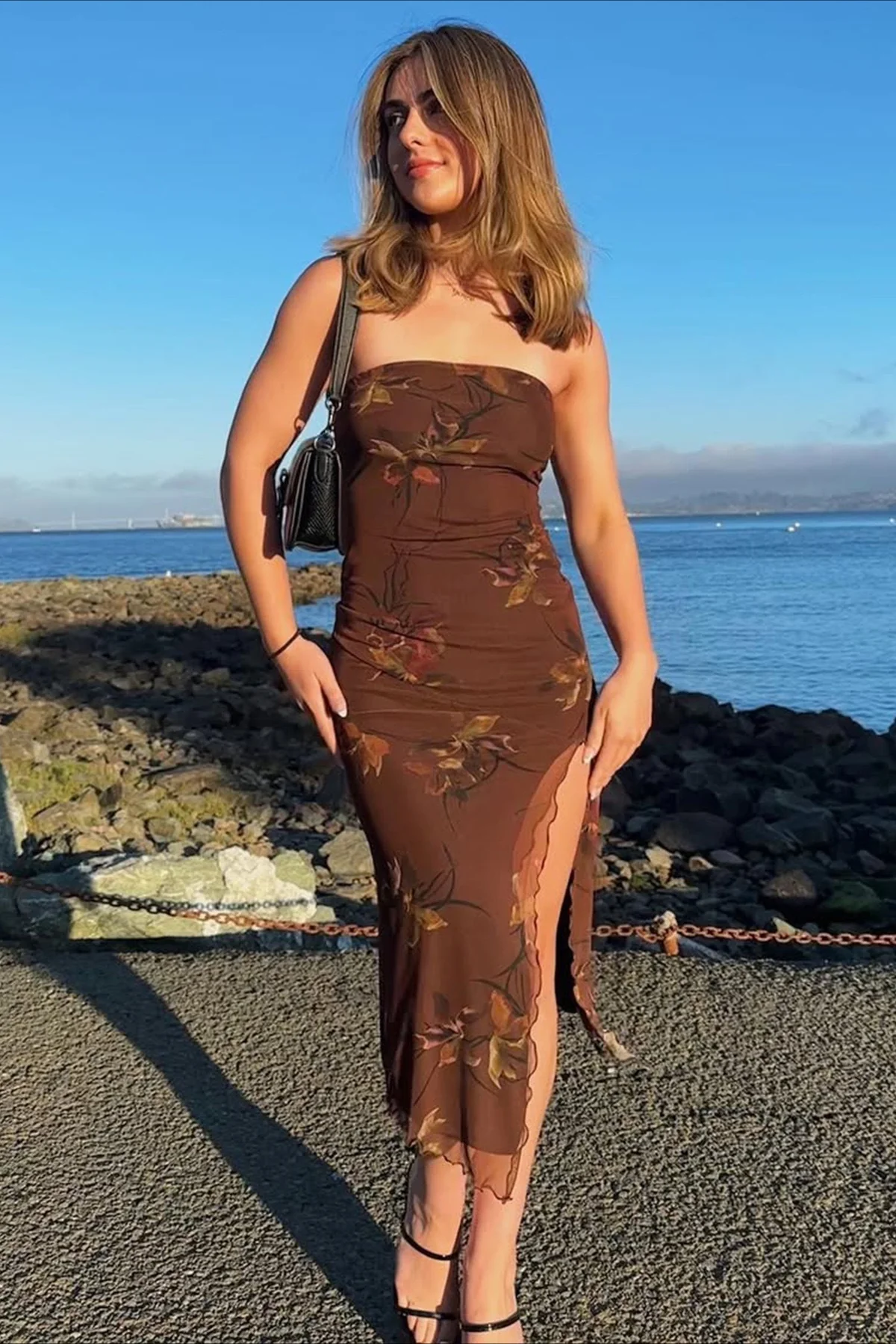 Strapless Printed Slit Double Layer Floral Dress - Image 4