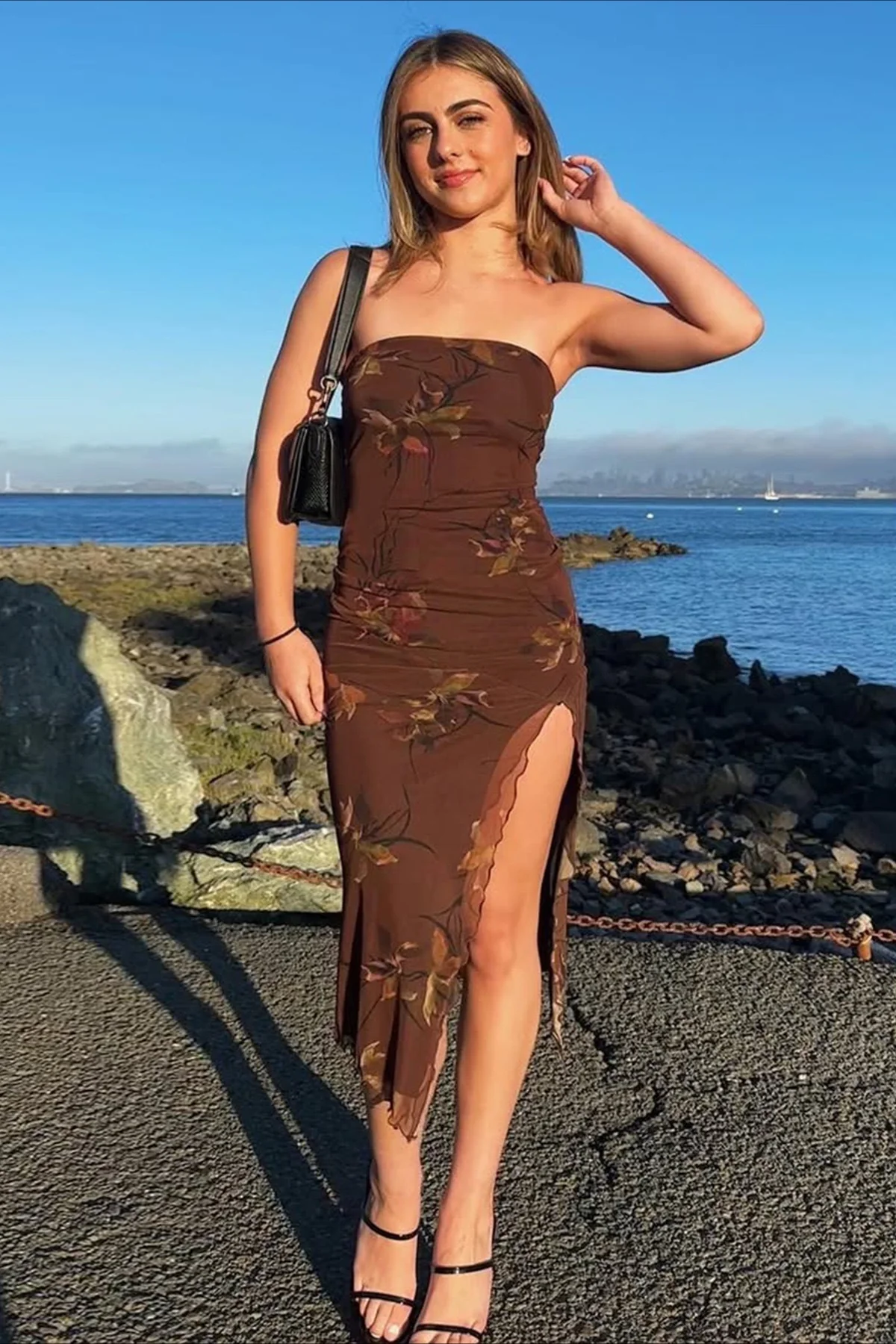 Strapless Printed Slit Double Layer Floral Dress - Image 5