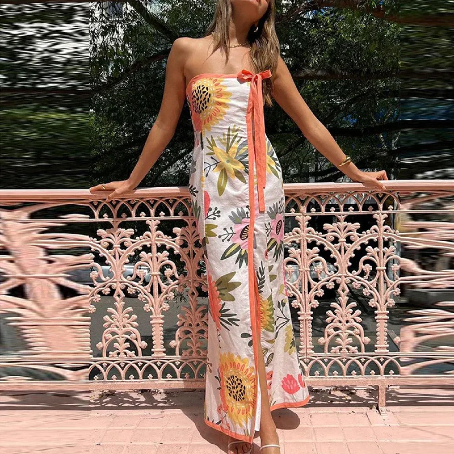 Strapless Split Floral Dress - Image 11