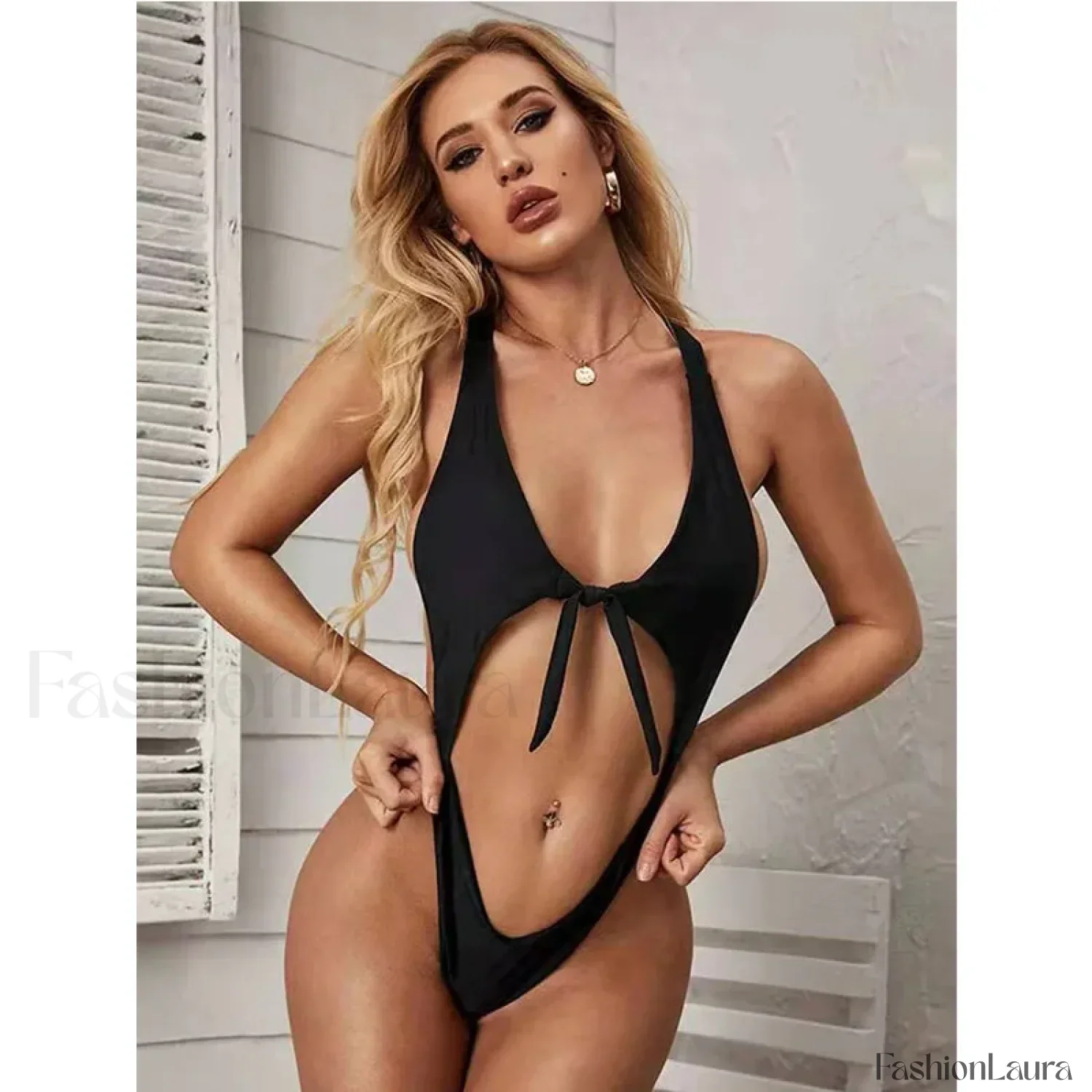 Strapped Tied Cross Hollow One Piece - Image 3