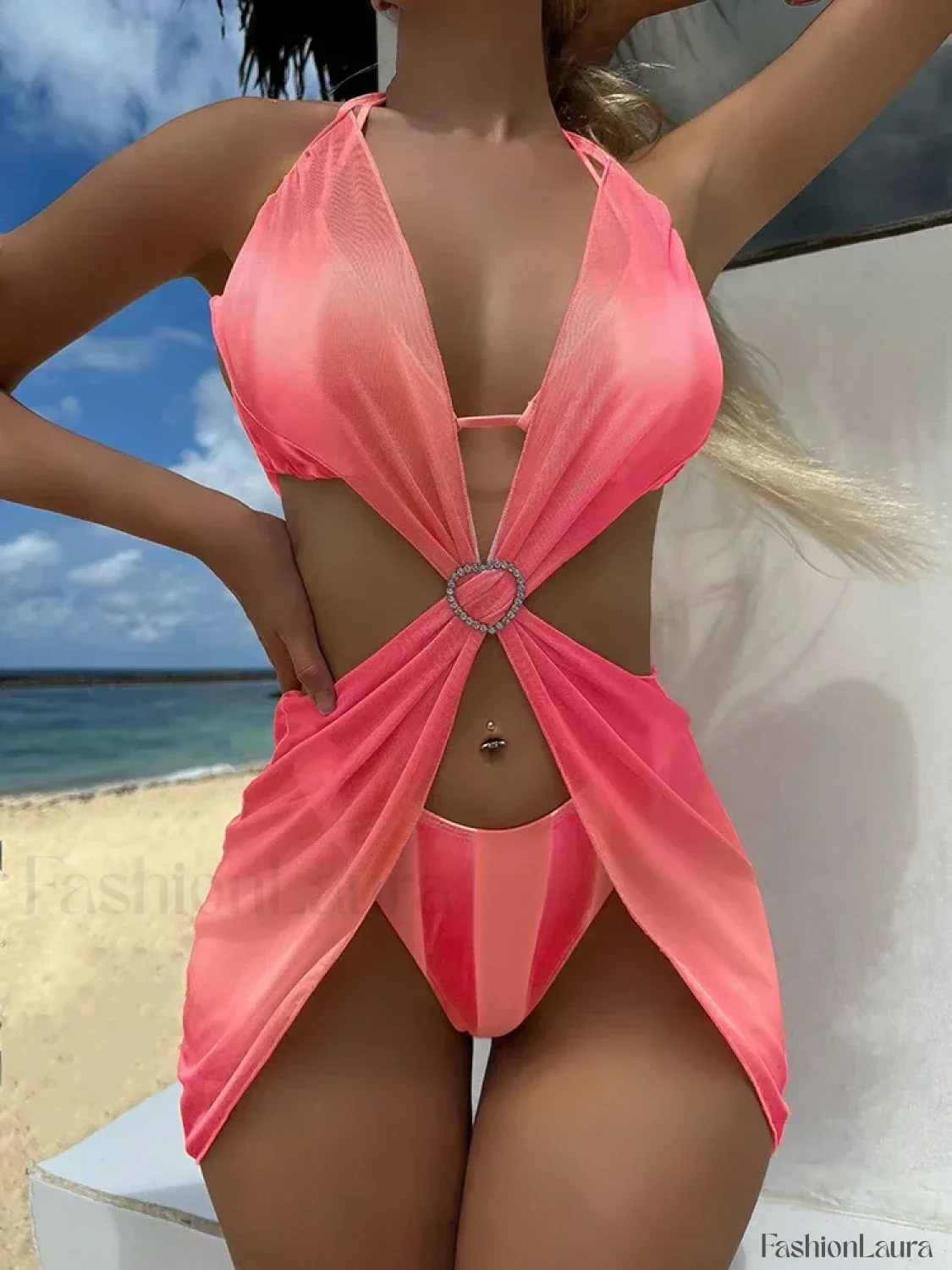 Striped Lace Mesh Bikini Three Piece Set - Image 12