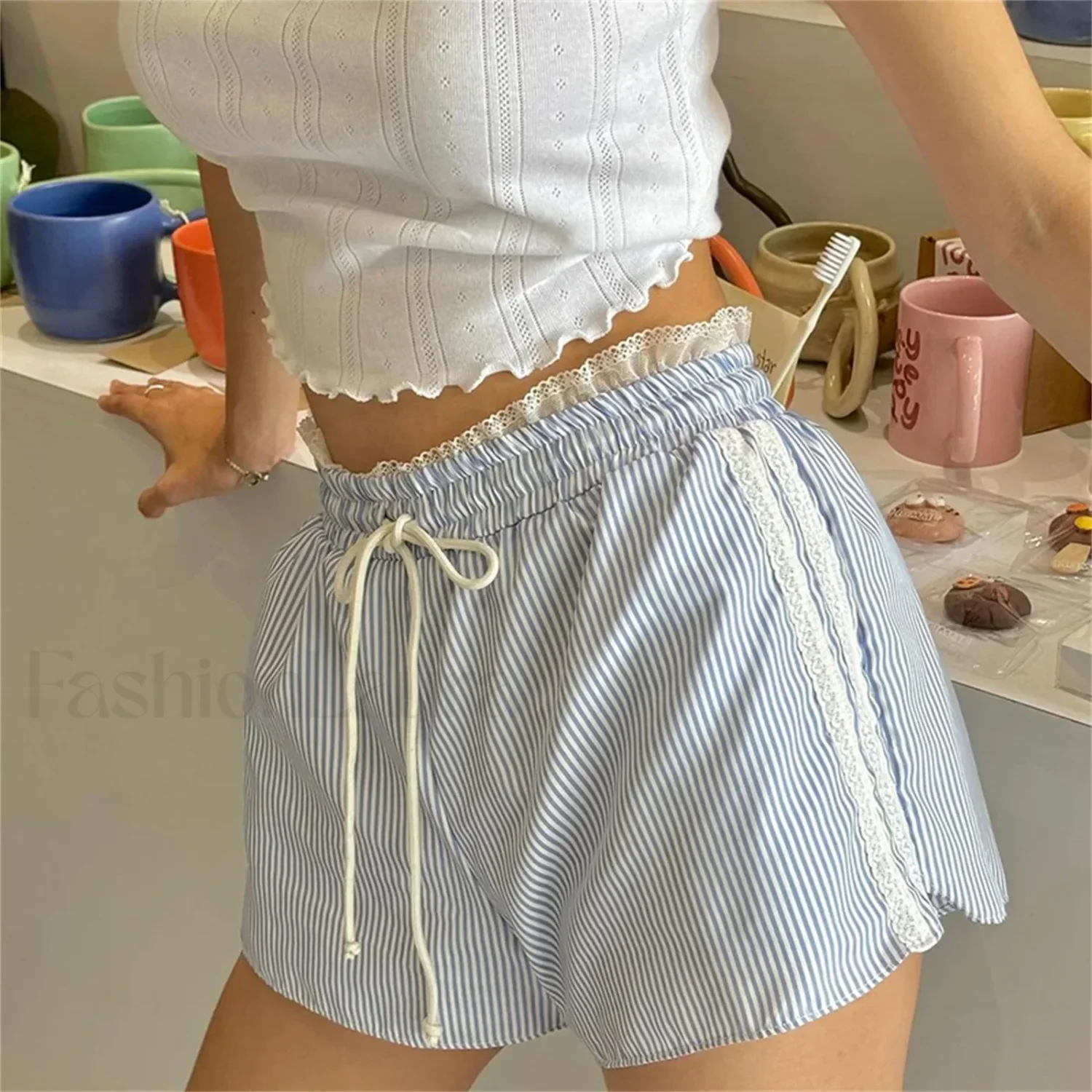 Striped Lace Trim Drawstring Elastic Waist Casual Summer Short - Image 10