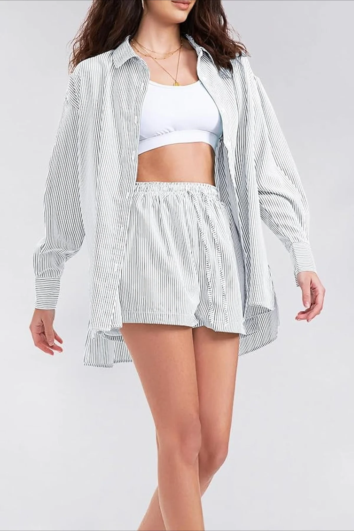 Striped Lapel Long Sleeve Blouse Shorts Set - Image 10