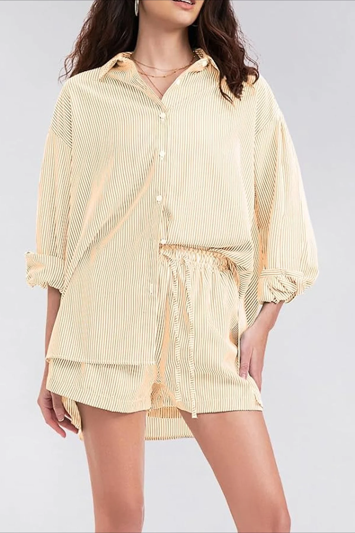 Striped Lapel Long Sleeve Blouse Shorts Set - Image 5