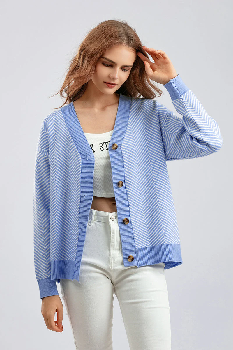 Striped V-Neck Buttoned Knit Sweater - Image 16