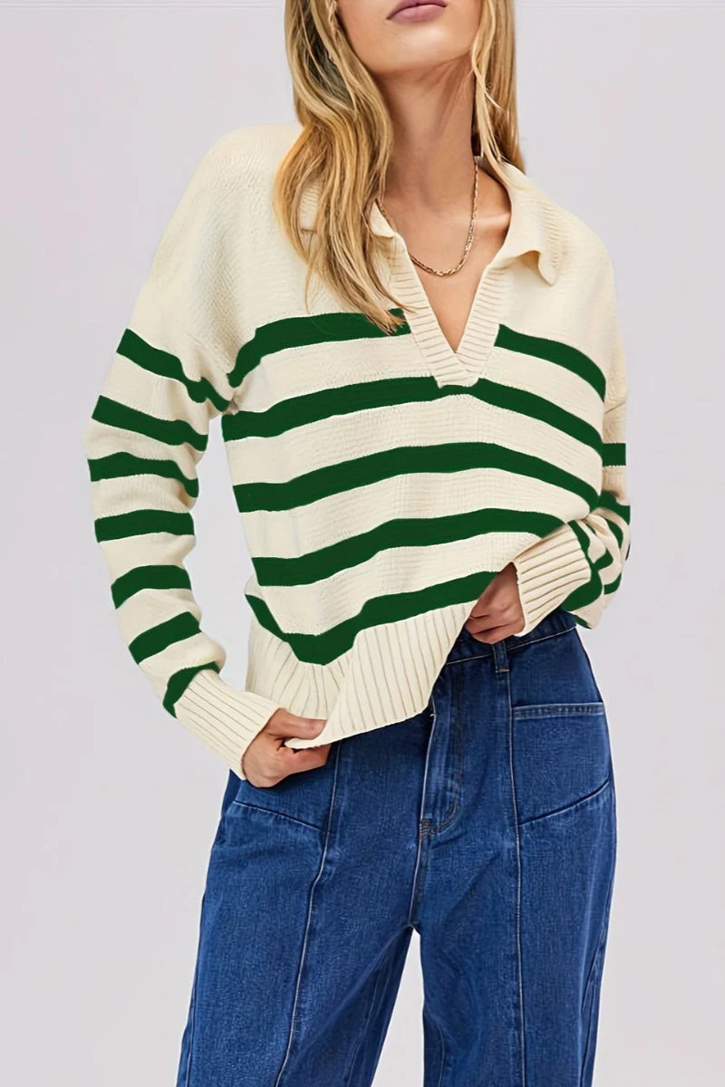 Striped Wool Collar V-Neck Sweater - Image 27