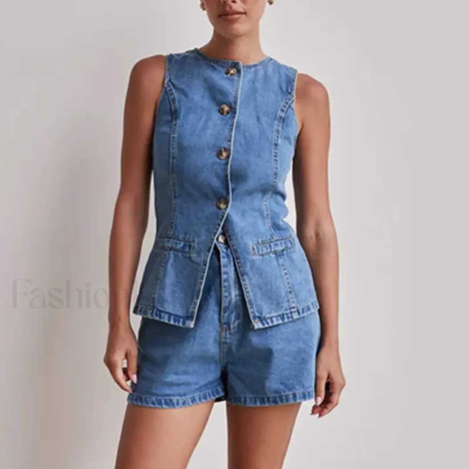 Summer Button Denim Tank Top Elastic Shorts Two Piece Set - Image 11