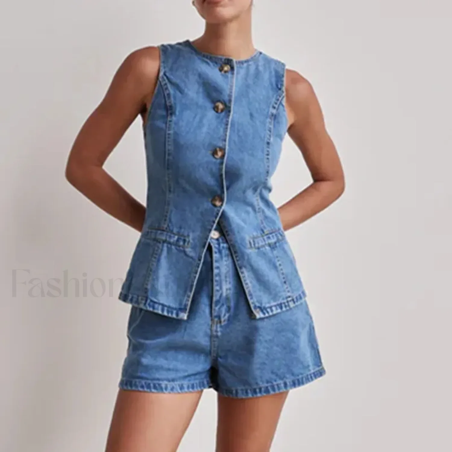 Summer Button Denim Tank Top Elastic Shorts Two Piece Set - Image 12