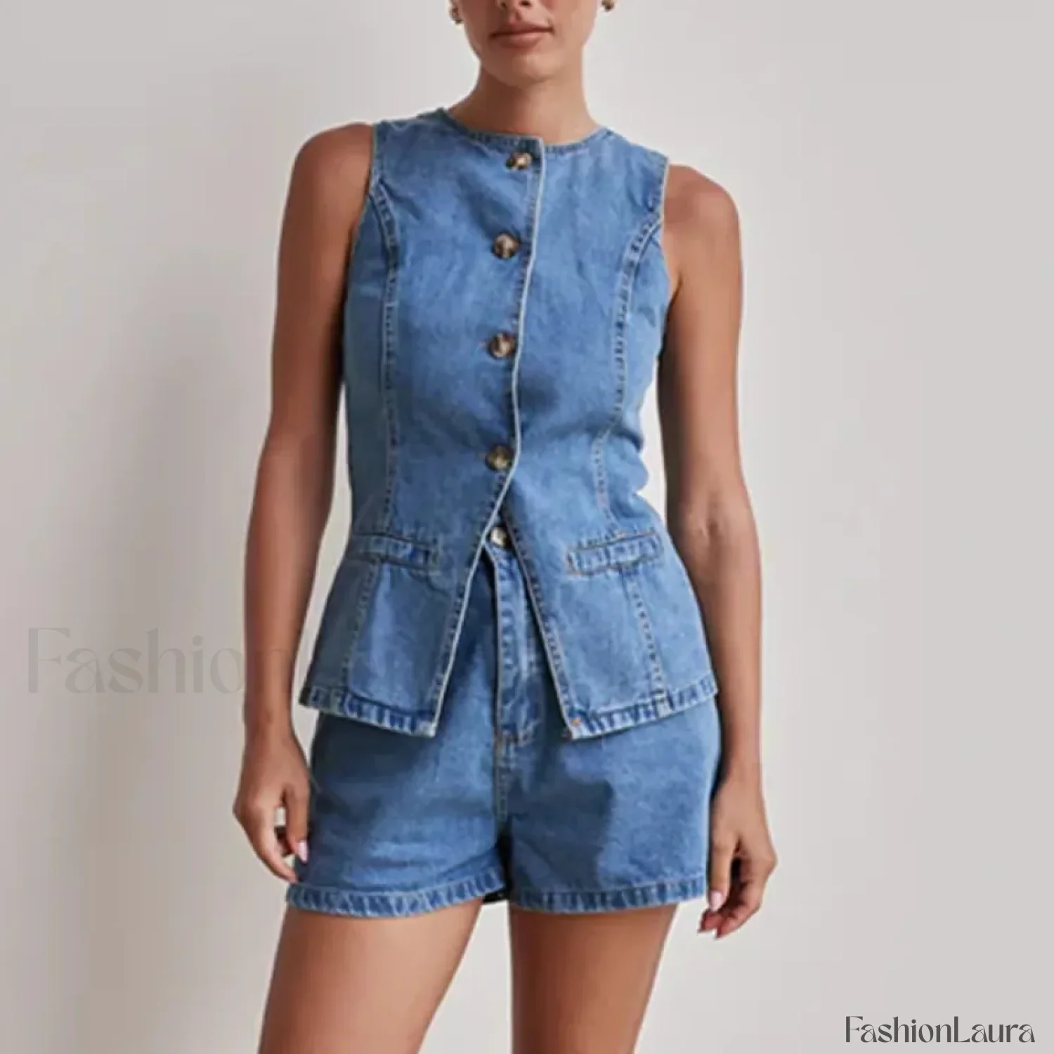 Summer Button Denim Tank Top Elastic Shorts Two Piece Set - Image 17