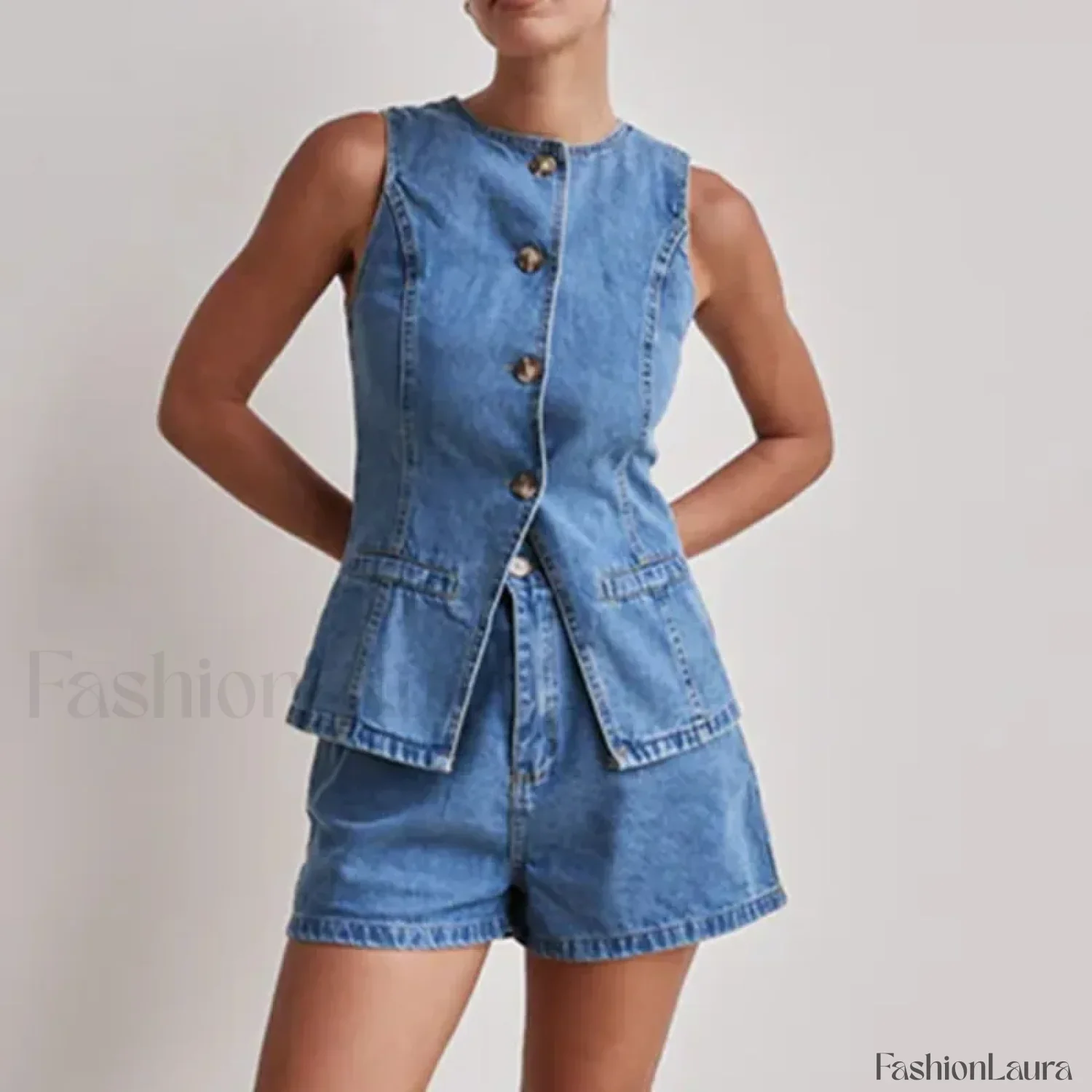 Summer Button Denim Tank Top Elastic Shorts Two Piece Set - Image 18