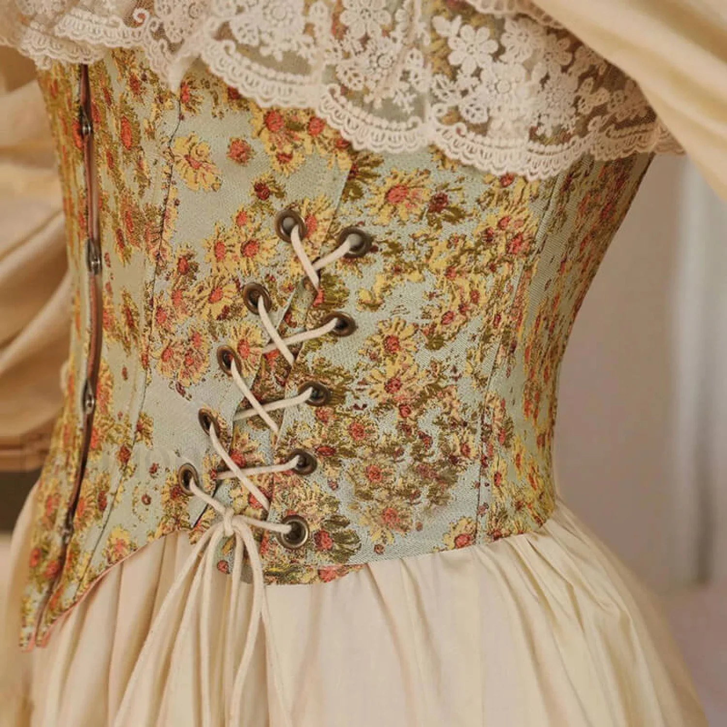 Sweet Ruffled Hook and Eye Lace Up Side Floral Crop Corset Top - Green - Image 7