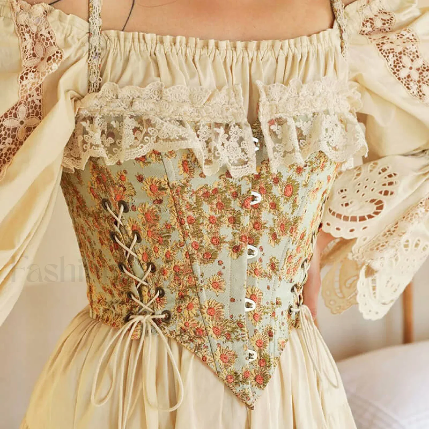Sweet Ruffled Hook and Eye Lace Up Side Floral Crop Corset Top - Green - Image 8