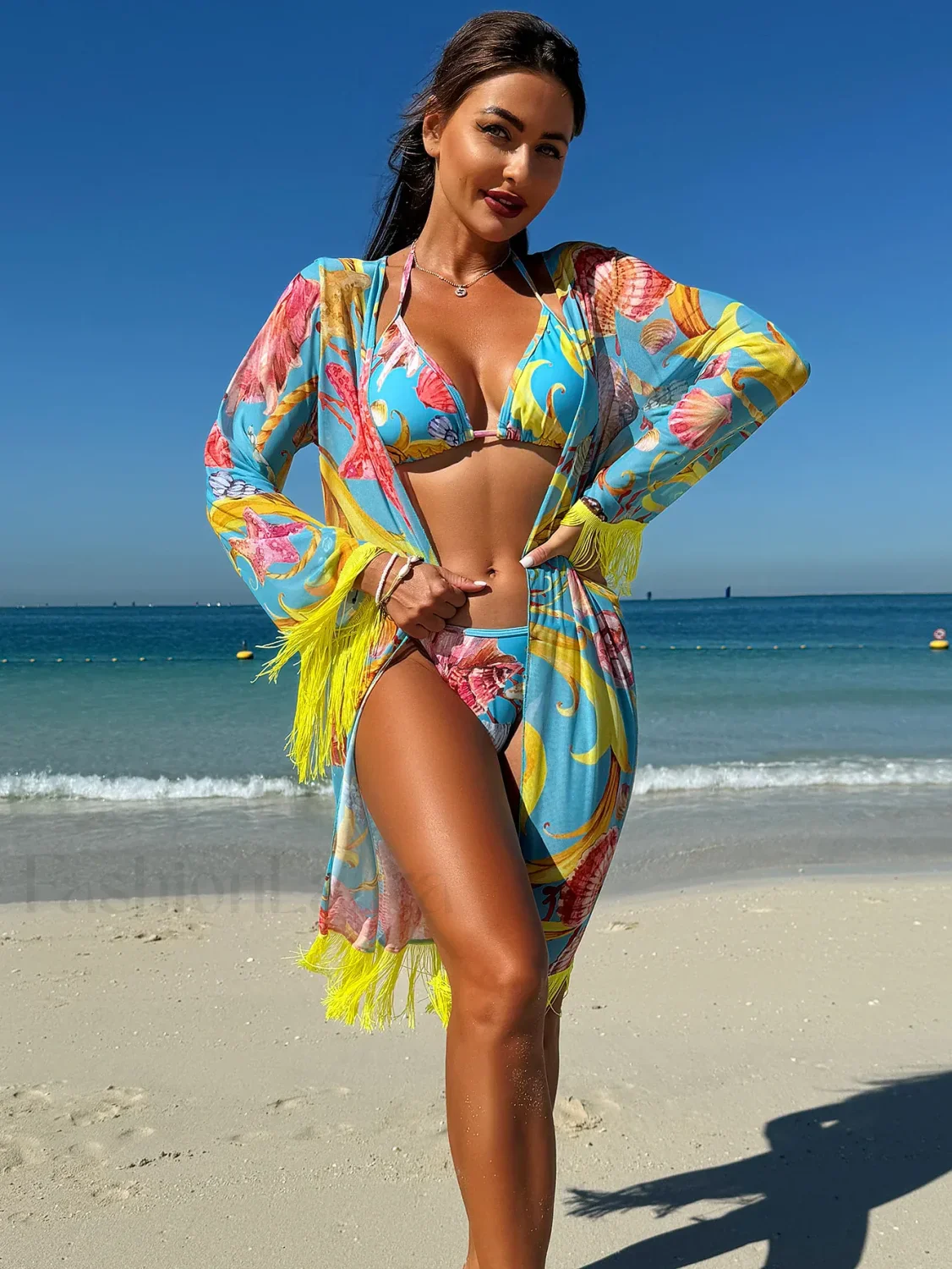 Tassel Drape Printed Bikini Three Piece Set - Image 10