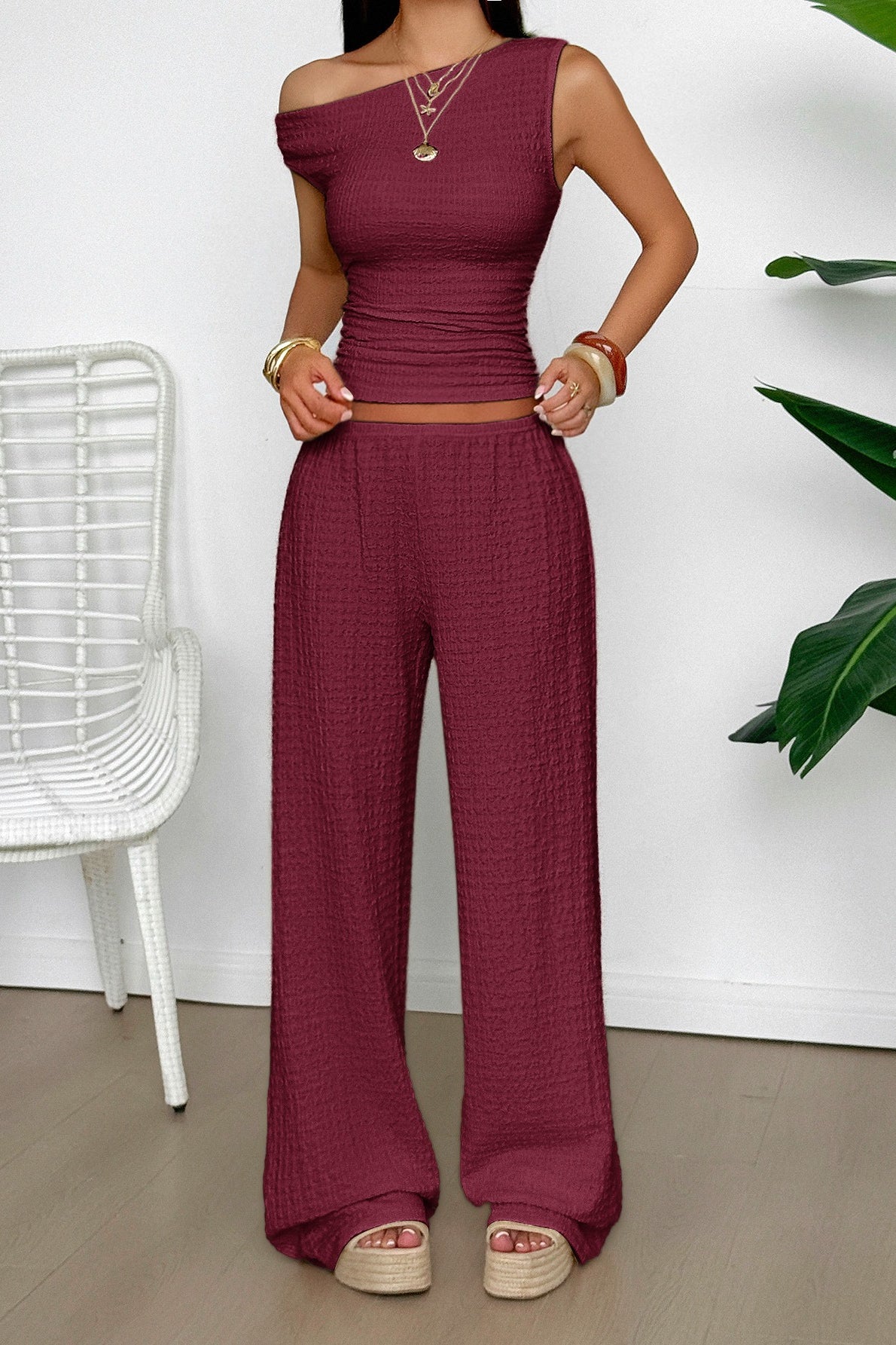 Textured Asymmetrical Tank Top Wide Leg Pants Set - Image 4