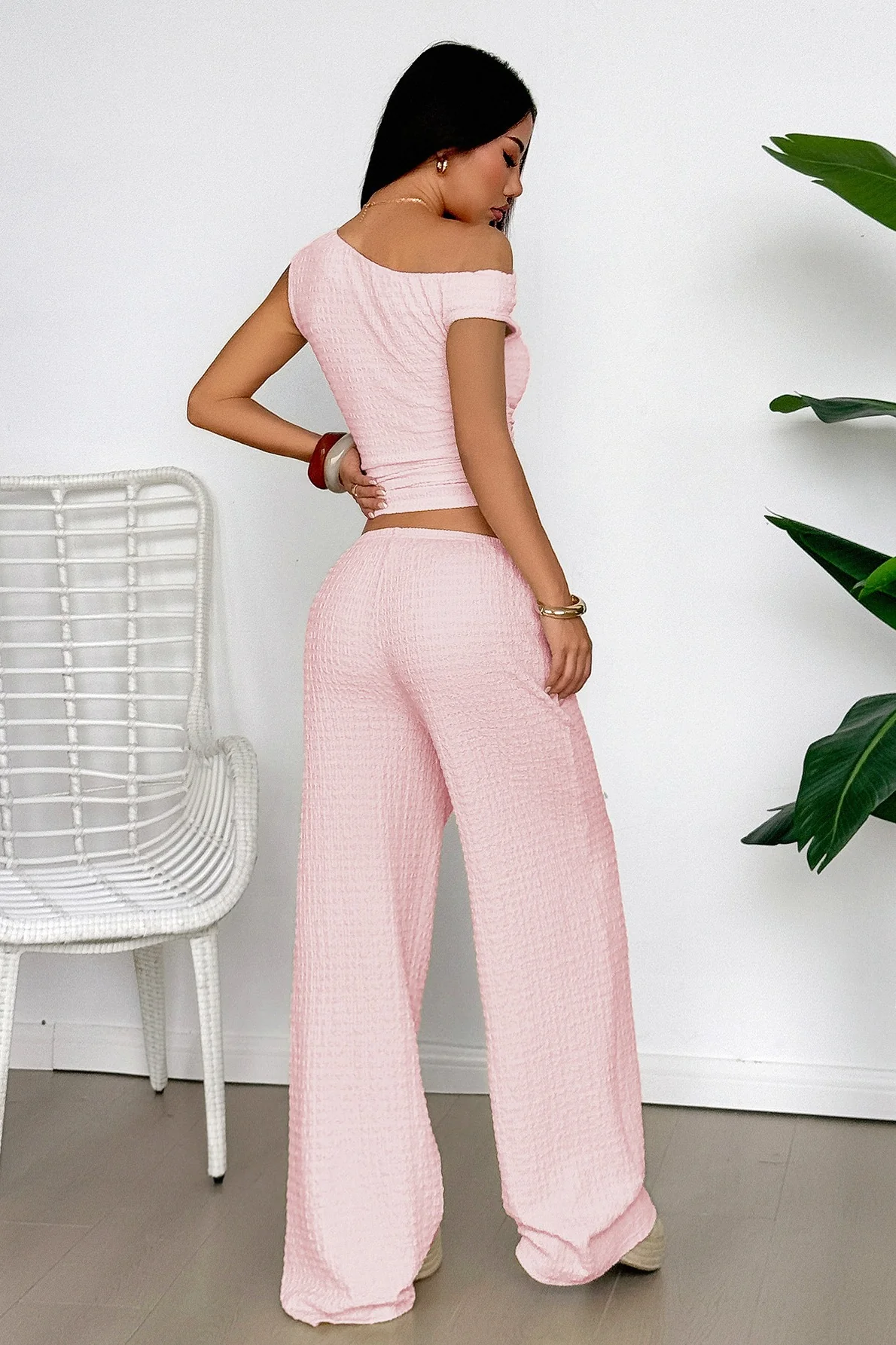Textured Asymmetrical Tank Top Wide Leg Pants Set - Image 9