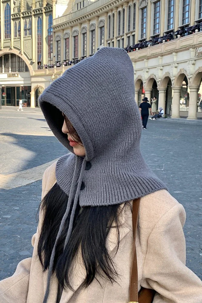 Thermal Knit Face Cover Hooded Scarf Hat - Image 2