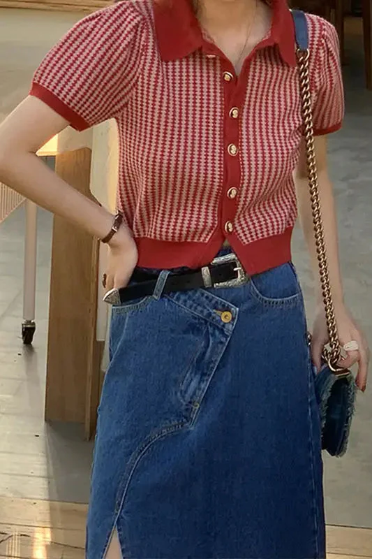 Thin Knit Turn-down Collar Short Sleeve Cardigan - Image 12