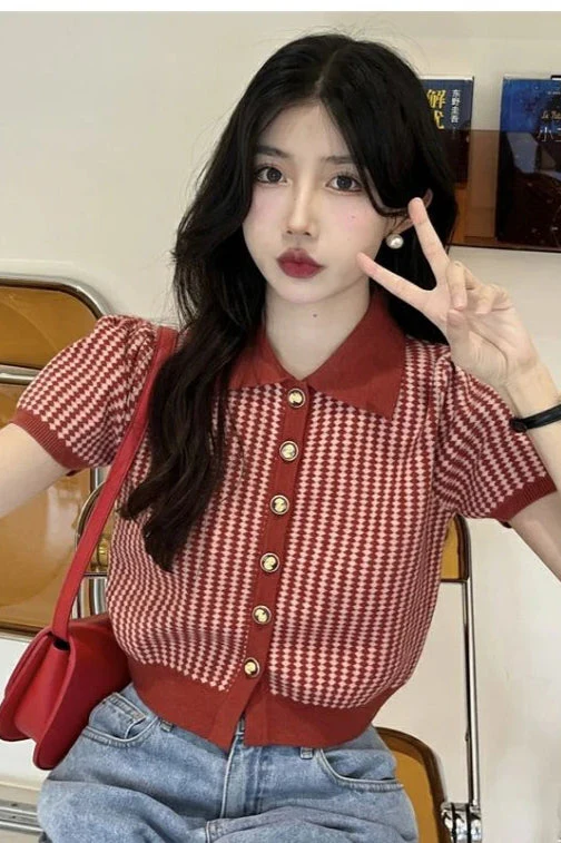 Thin Knit Turn-down Collar Short Sleeve Cardigan - Image 8