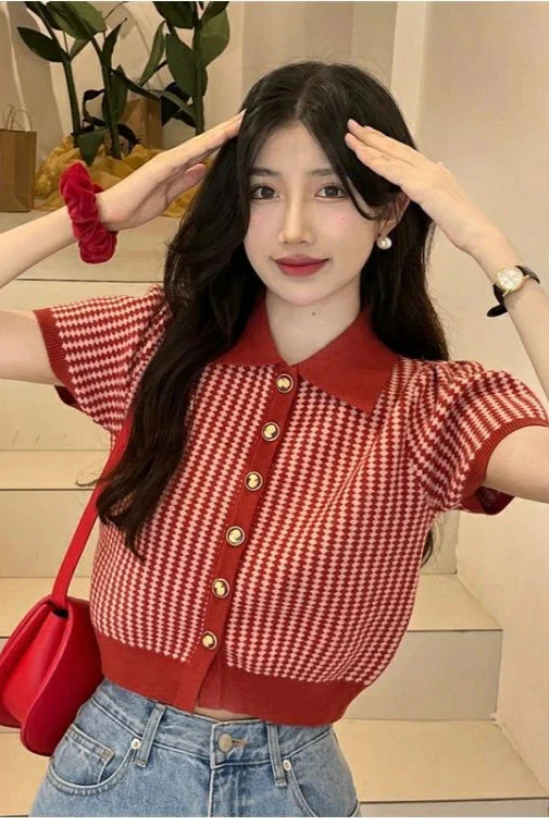 Thin Knit Turn-down Collar Short Sleeve Cardigan - Image 9