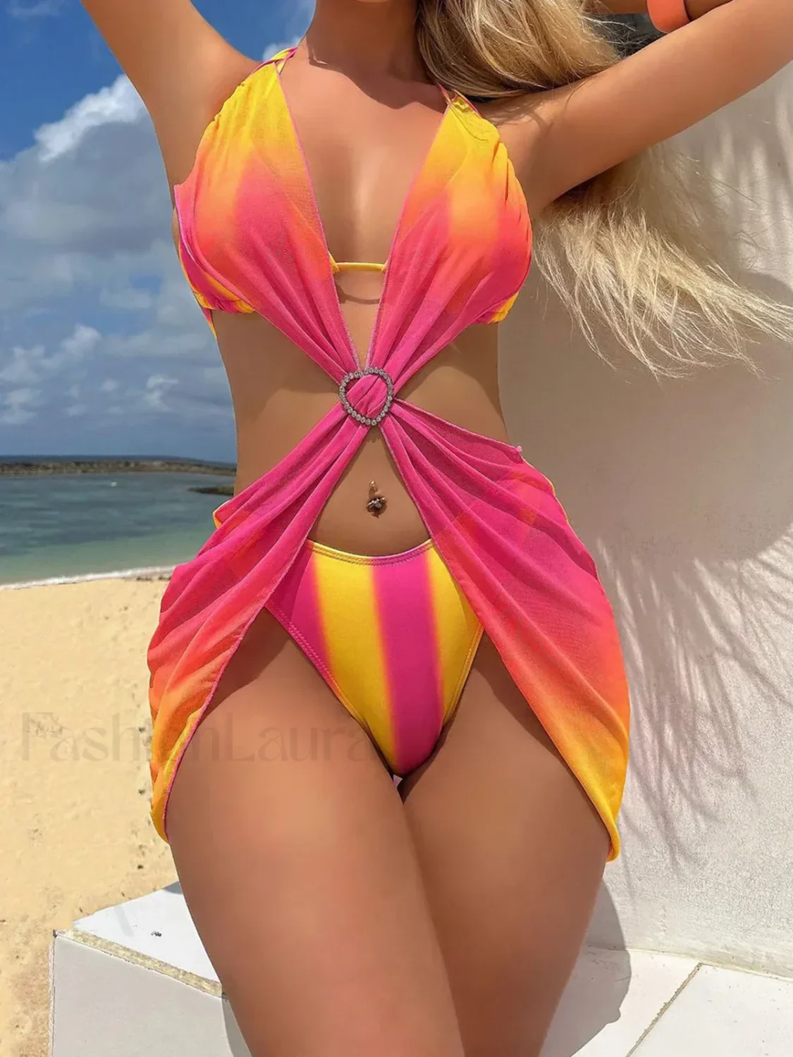 Tie-Dye Striped Dress Bikini Three Piece Set - Image 2