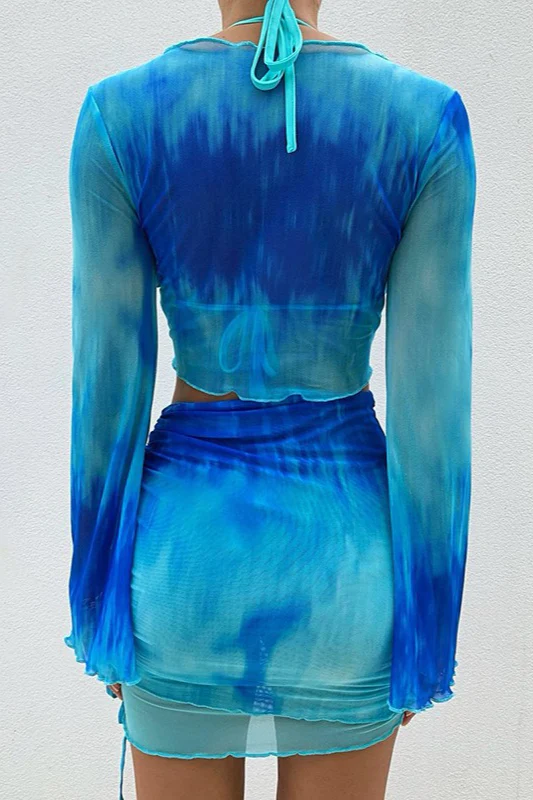Tie Dye V Neck Tie Front Mesh Flared Sleeve Top Midi Skirt Set - Image 4