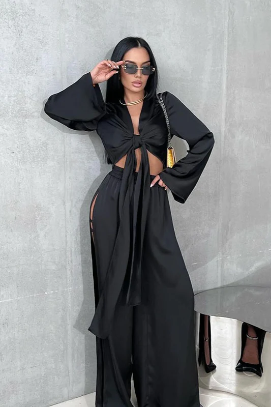 Tie Front Crop Top Split Hem Pants Set - Image 2