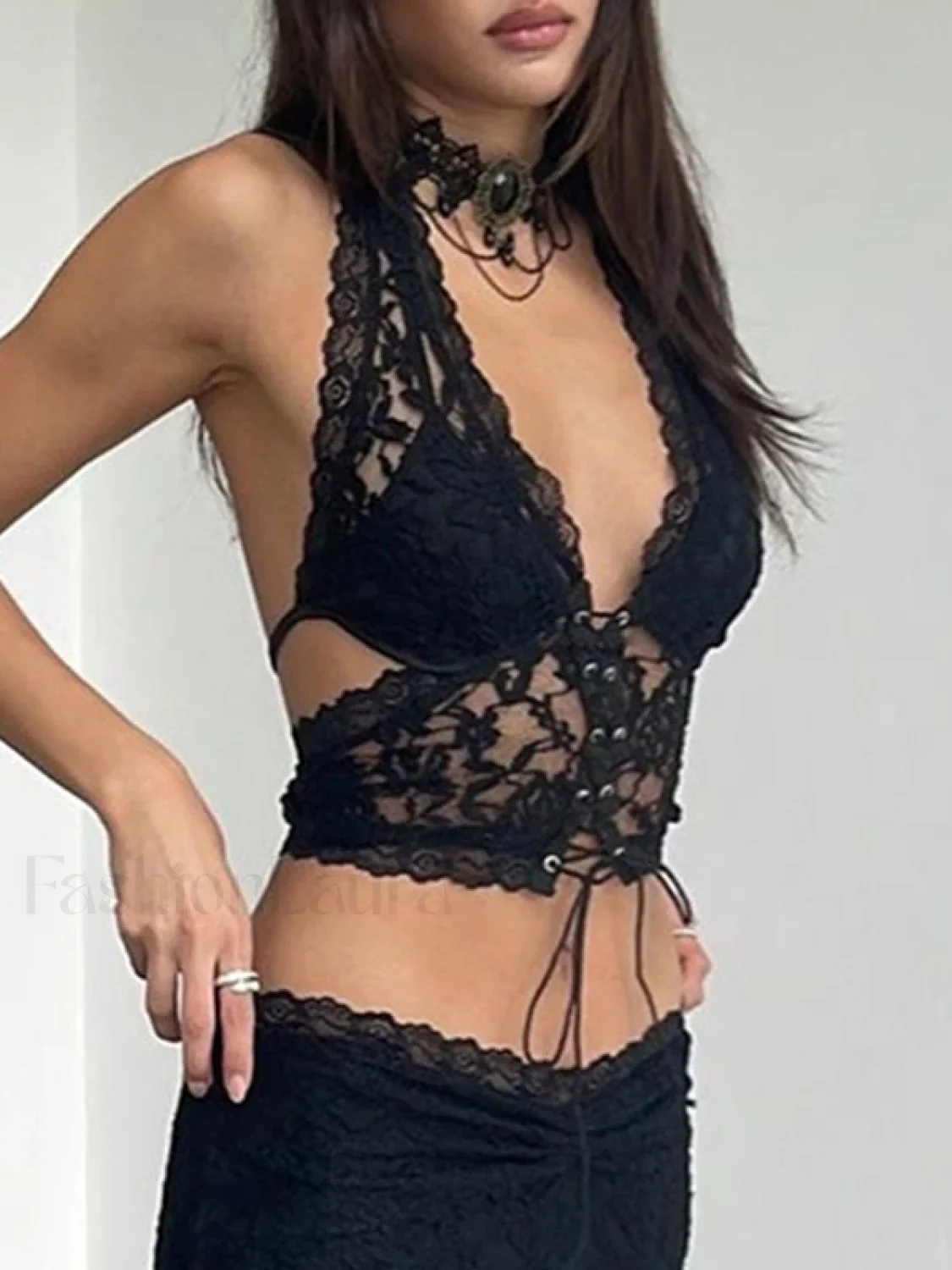 Tie Front Lace Halter Tank Top - Image 4