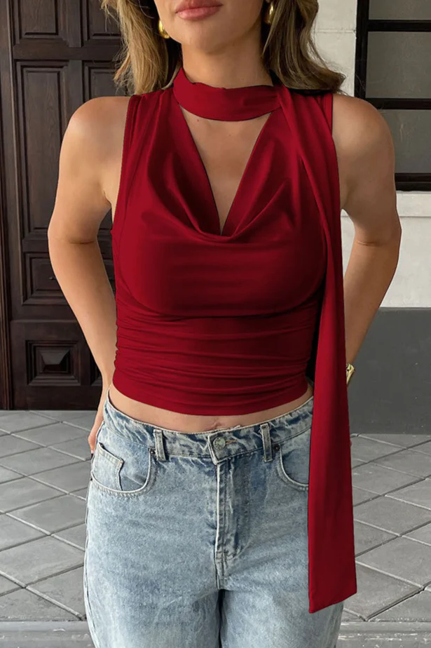 Tie Strap Draped Neck Cinched Crop Top - Image 10