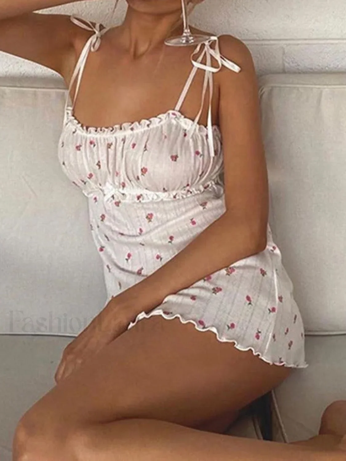Tie Strap Frill Trim Floral Mini Dress - Image 7