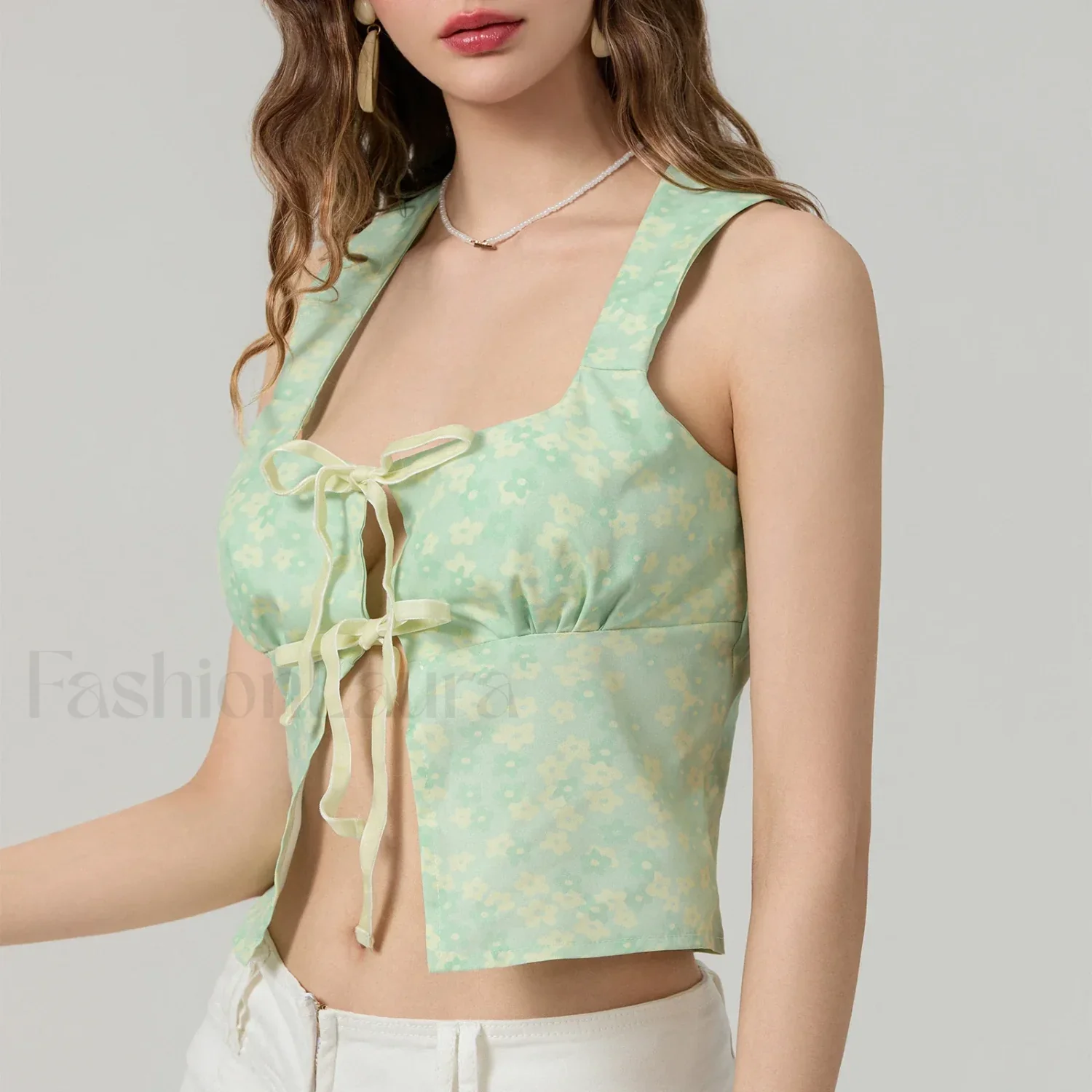 Tie-Up Floral Slim Crop Top - Image 10
