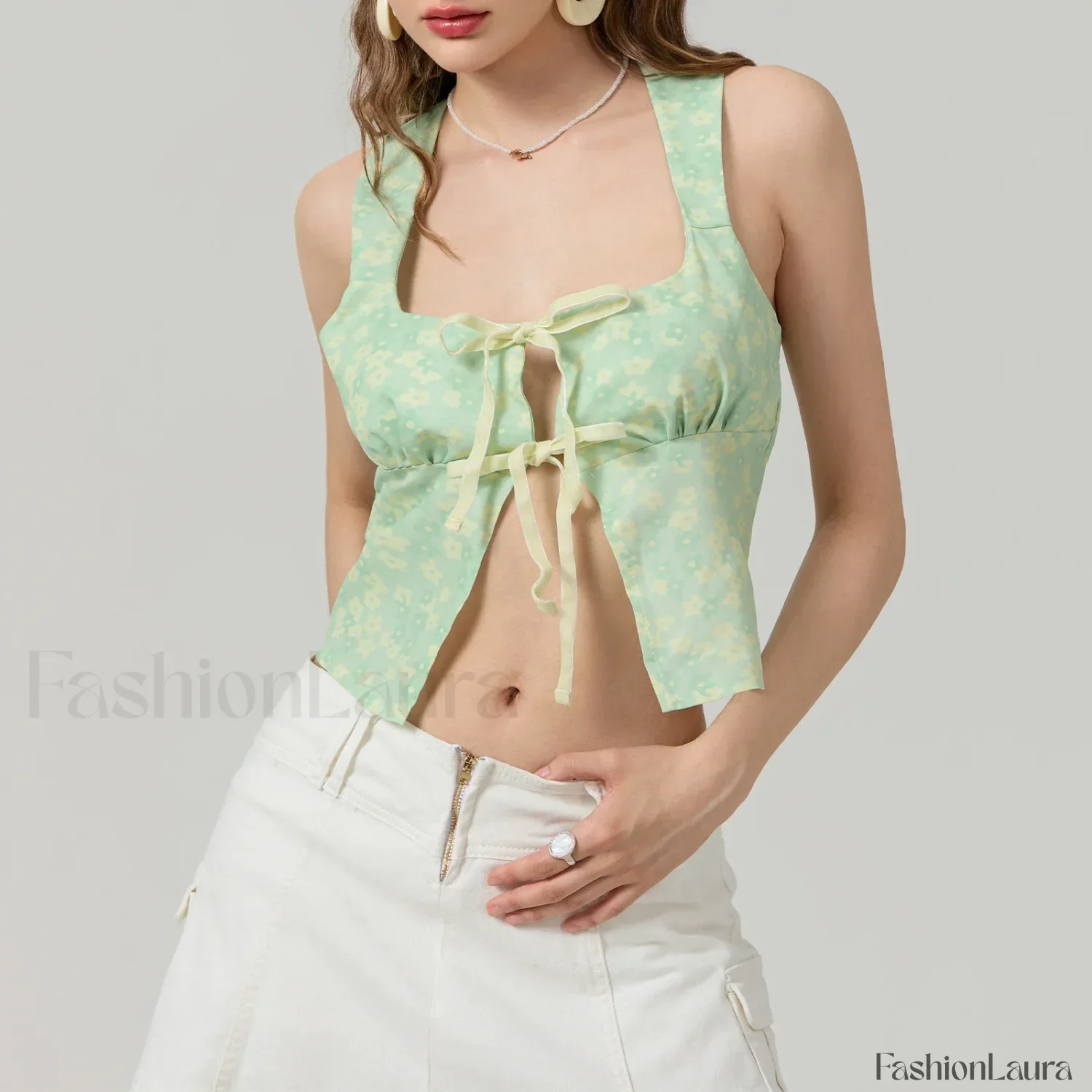 Tie-Up Floral Slim Crop Top - Image 13