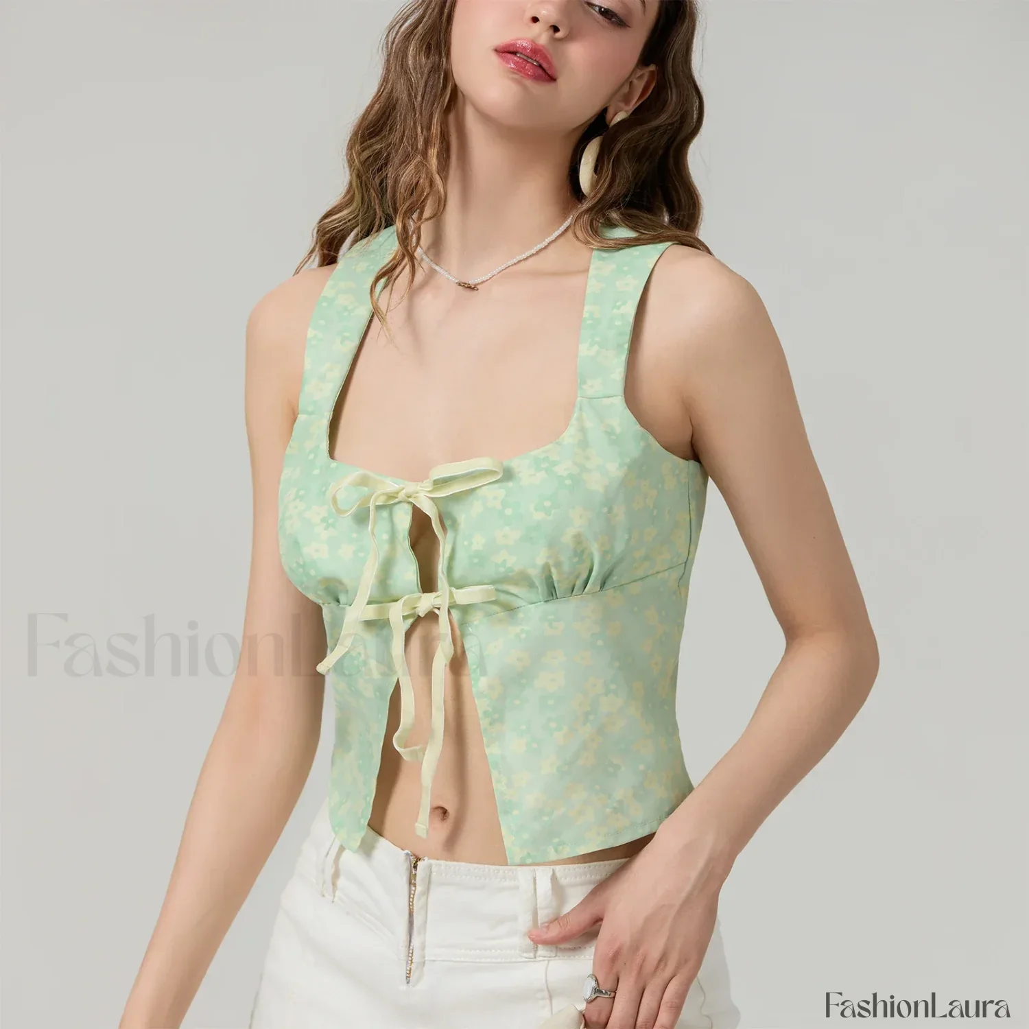 Tie-Up Floral Slim Crop Top - Image 15