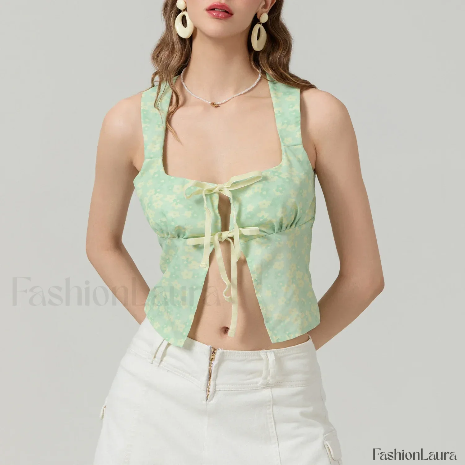 Tie-Up Floral Slim Crop Top - Image 18