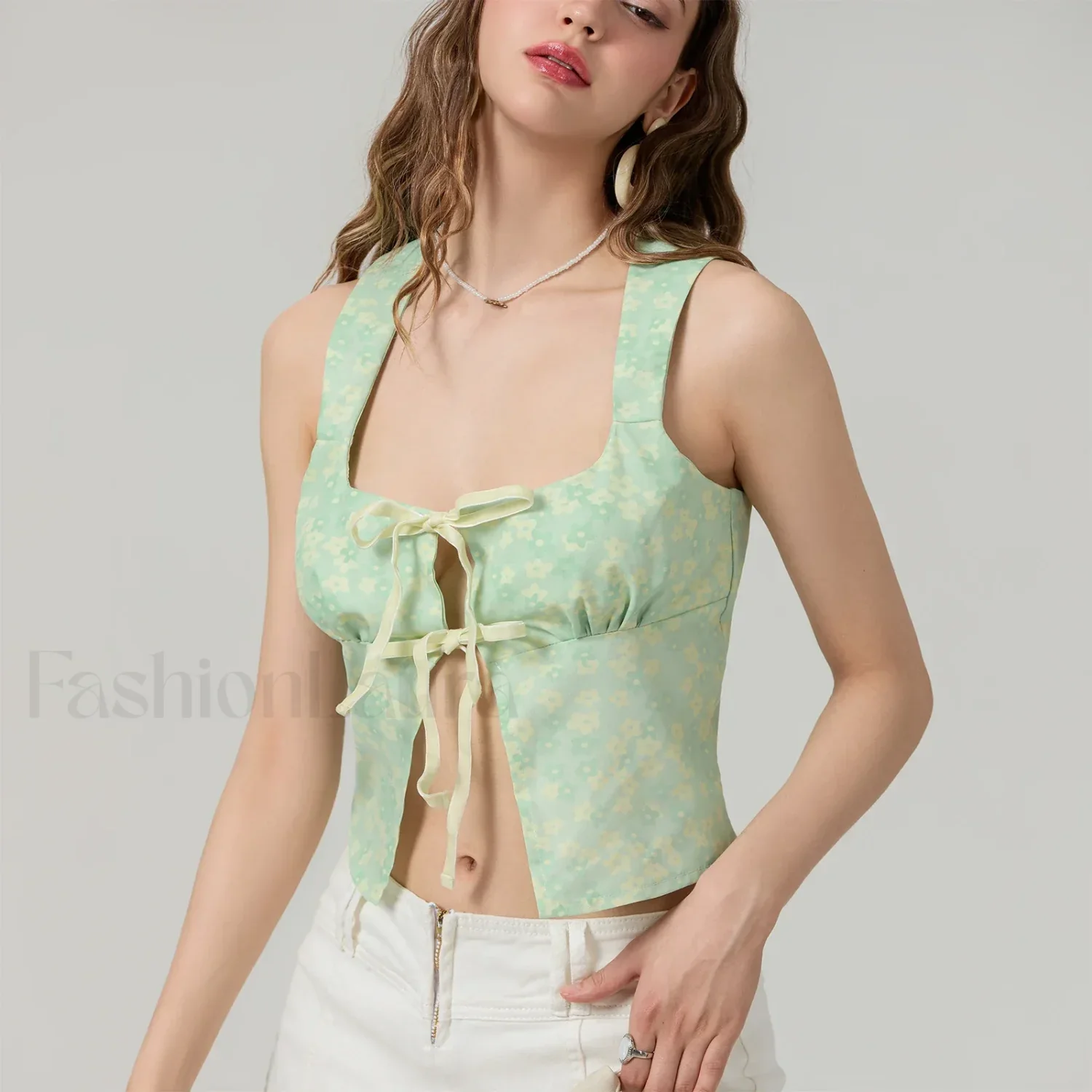 Tie-Up Floral Slim Crop Top - Image 9