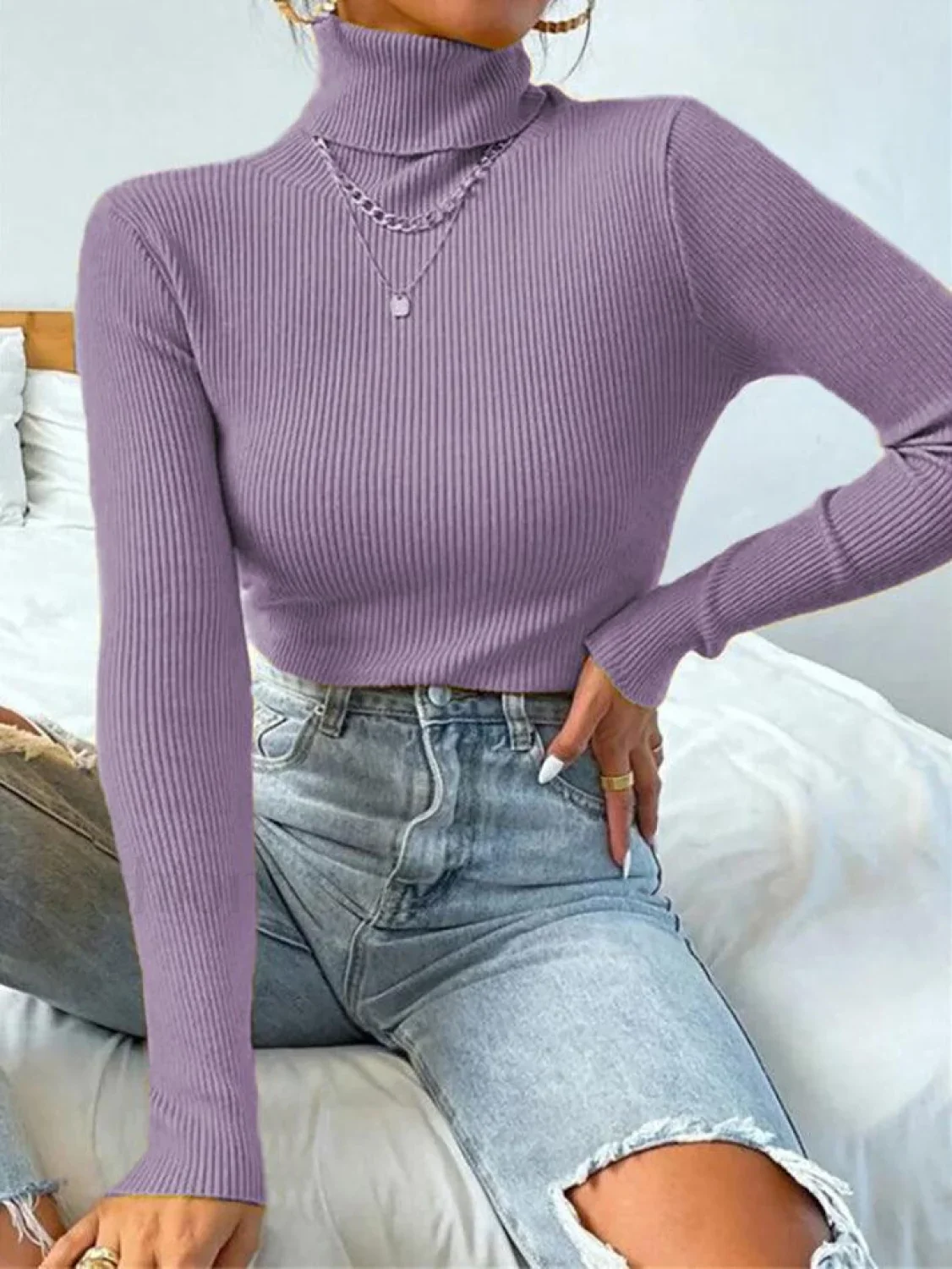 Turtleneck Ribbed Knit Sweater - Image 21