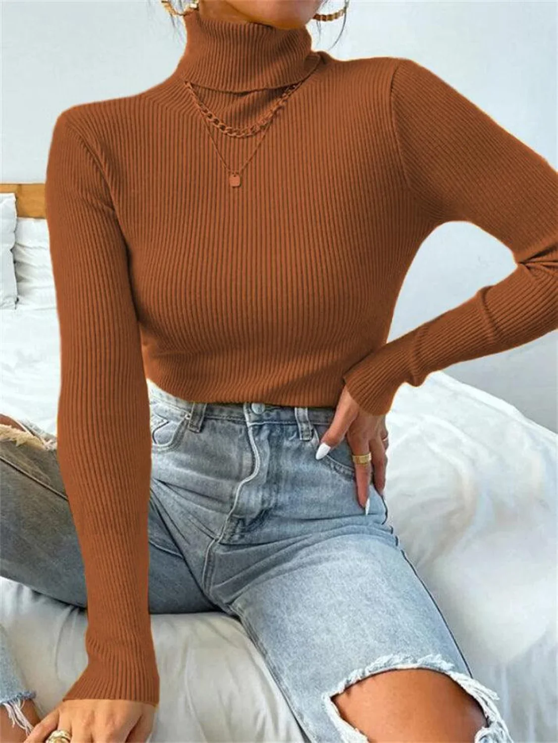 Turtleneck Ribbed Knit Sweater - Image 25