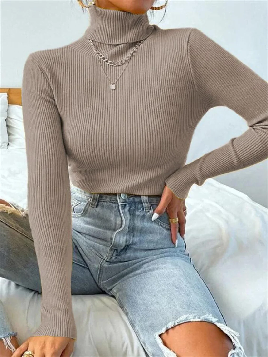 Turtleneck Ribbed Knit Sweater - Image 26