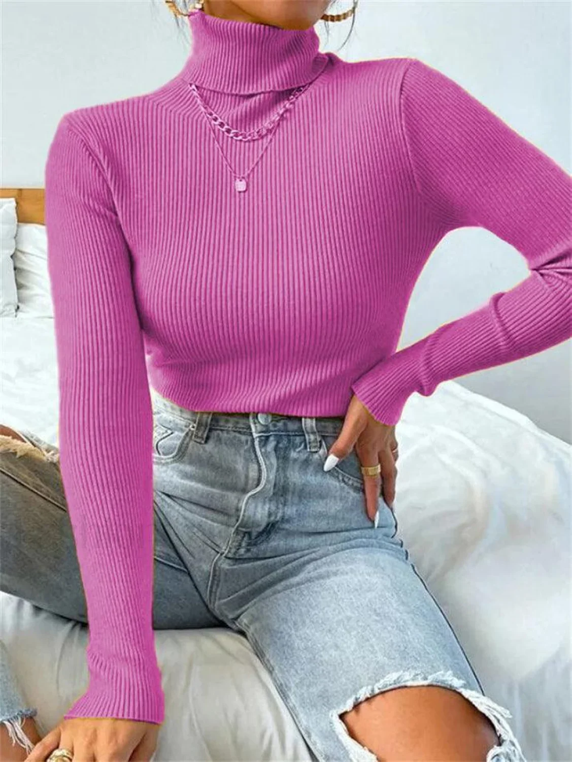 Turtleneck Ribbed Knit Sweater - Image 30