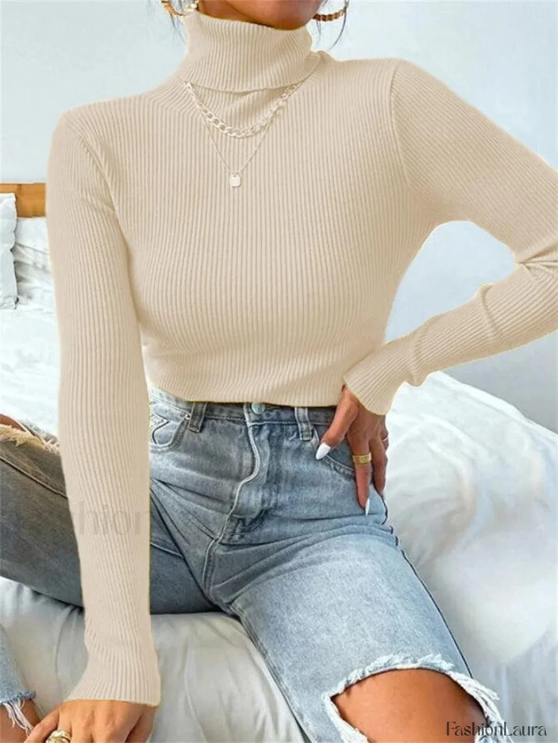 Turtleneck Ribbed Knit Sweater - Image 48