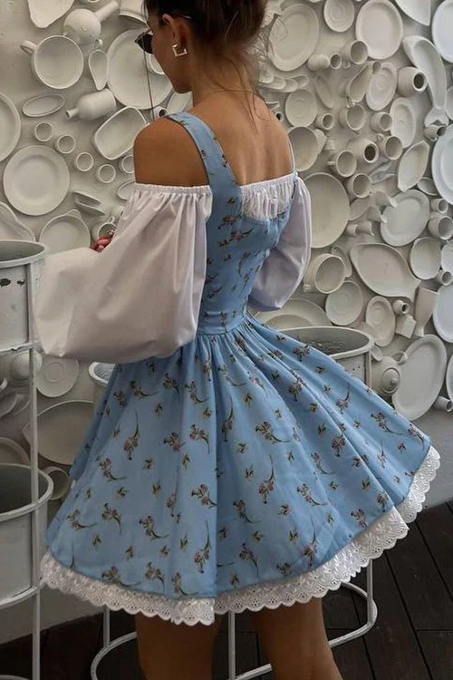 Two Piece Puff Sleeve Strapless Floral Dress - Image 11