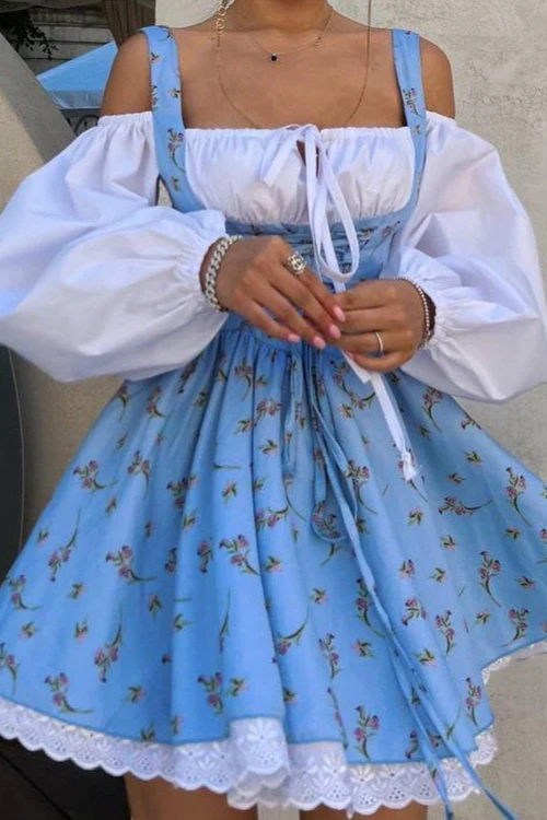 Two Piece Puff Sleeve Strapless Floral Dress - Image 9