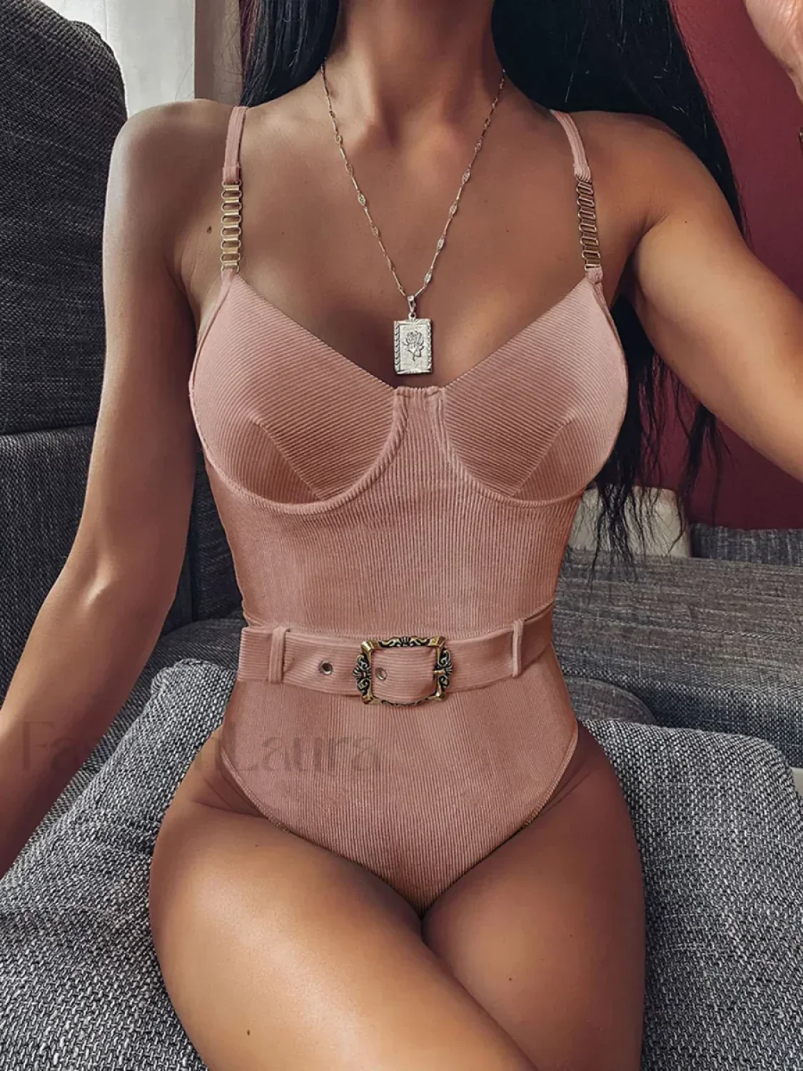 Underwired Chain Belt Ribbed One Piece