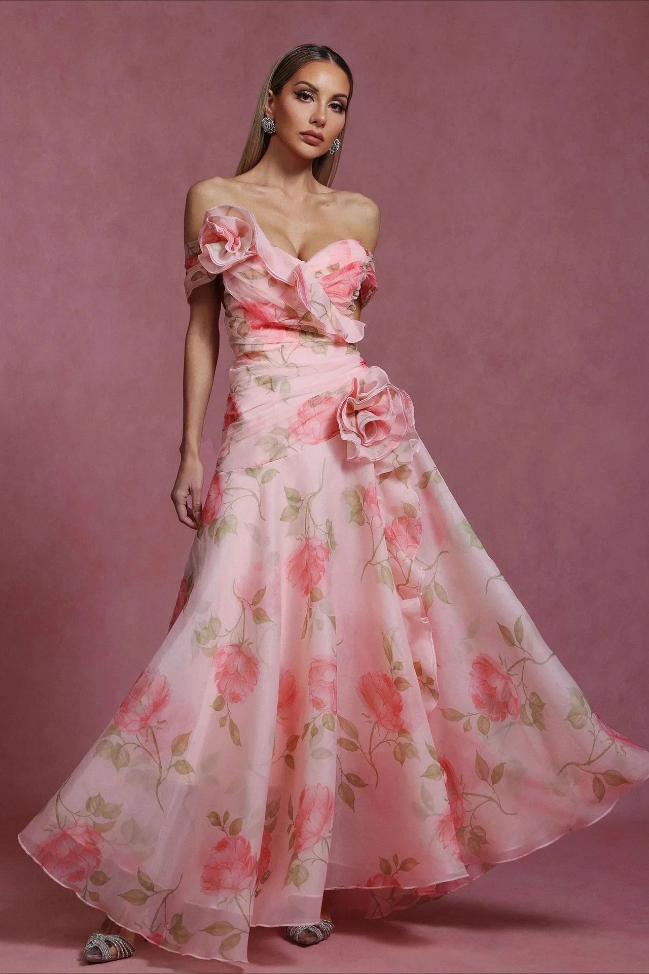V Neck 3D Detail Elegant Maxi Floral Dress