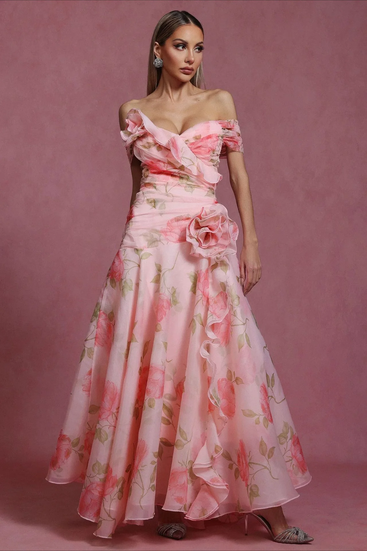 V Neck 3D Detail Elegant Maxi Floral Dress - Image 4