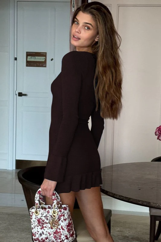 V Neck Flare Sleeve Bodycon Dress - Image 6