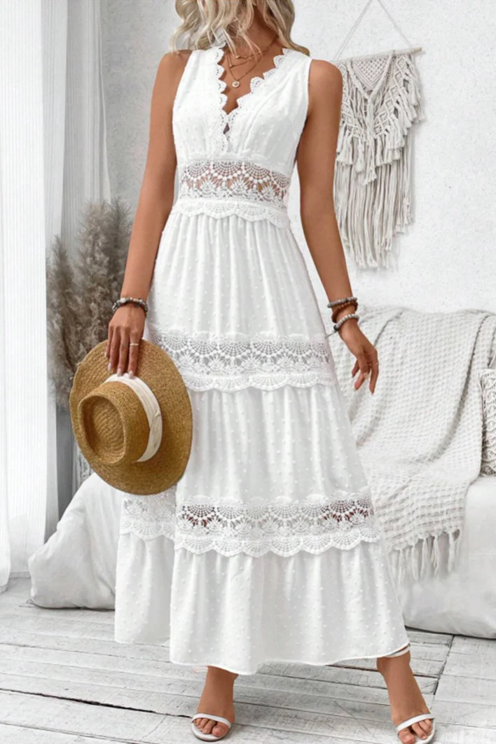 V Neck Lace Patchwork Sleeveless Boho Dress - Image 3