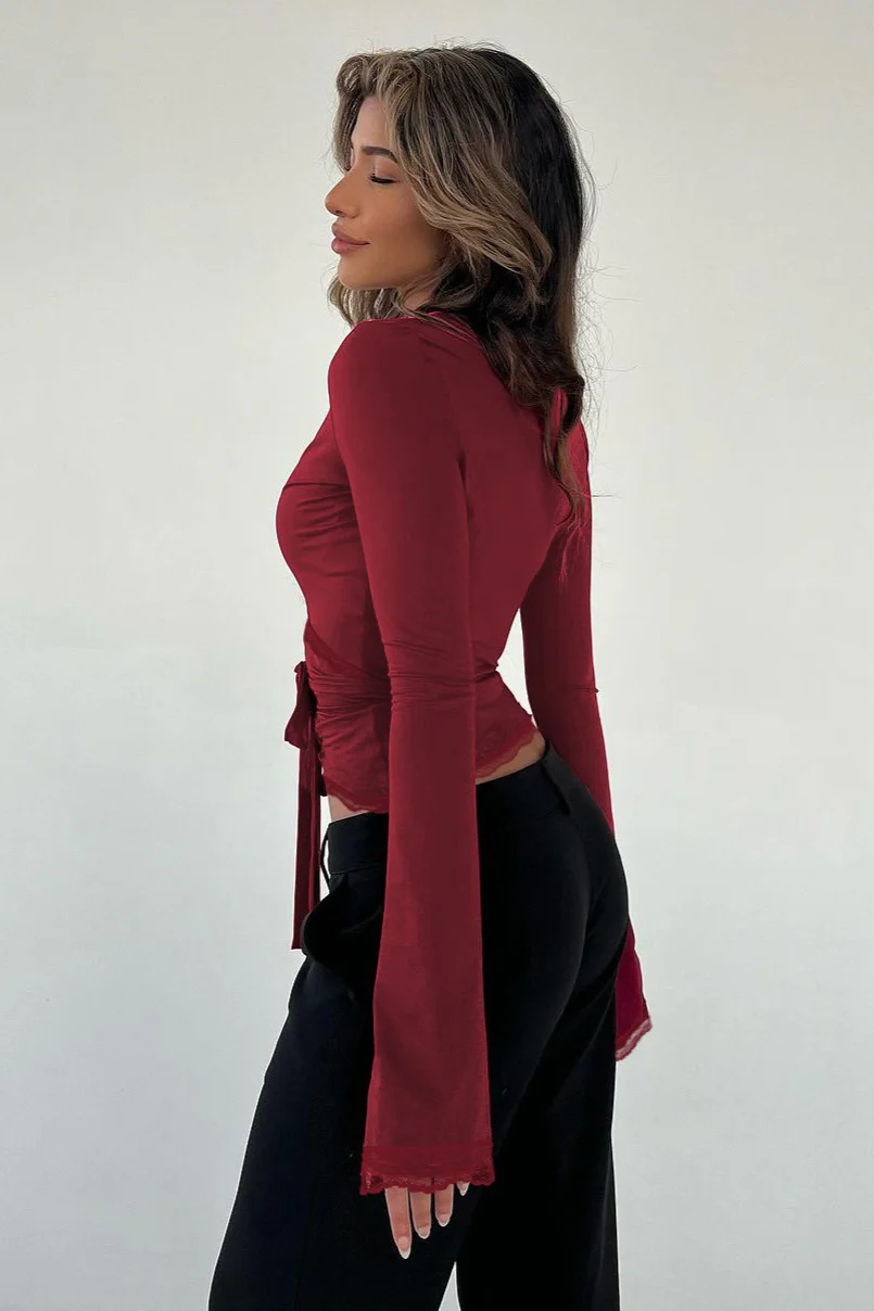 V Neck Lace Trim Bodycon Long Sleeve Tee - Image 2